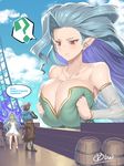  2girls ? artist_name aura barefoot big_hair blue_hair breast_squeeze breasts cleavage cloud collarbone commentary day detached_sleeves engrish giantess gran_(granblue_fantasy) granblue_fantasy highres huge_breasts jitome long_hair looking_at_viewer looking_down lyria_(granblue_fantasy) multiple_girls obui pointy_ears ranguage red_eyes shaded_face signature sky solo_focus spoken_question_mark surprised tiamat_(granblue_fantasy) white_sleeves 