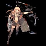  aircraft airplane antennae azur_lane bangs bikini black_background blonde_hair boots bow_(weapon) breasts commentary_request eyebrows_visible_through_hair fingerless_gloves flight_deck gloves green_eyes grey_bikini grey_footwear grey_gloves grey_legwear highres holding holding_bow_(weapon) holding_weapon jacket long_sleeves machinery medium_breasts navel official_art open_clothes open_jacket parted_lips smile solo standing standing_on_one_leg swimsuit thighhighs unzipped wasp_(azur_lane) weapon weiyinji_xsk 