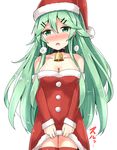  aikawa_ryou alternate_costume bell blush choker commentary_request fur_trim green_eyes green_hair hair_between_eyes hat highres kantai_collection long_hair open_mouth santa_costume santa_hat simple_background solo white_background yamakaze_(kantai_collection) 