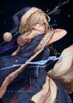  artoria_pendragon_(all) bangs black_cola blue_cape blue_dress blue_hat brown_eyes cape character_name commentary_request covered_mouth dress eyebrows_visible_through_hair fate/grand_order fate_(series) fur-trimmed_cape fur-trimmed_hat fur_trim glowing glowing_sword glowing_weapon hair_between_eyes hat highres holding holding_sword holding_weapon light_brown_hair looking_at_viewer pleated_dress santa_alter santa_hat signature solo sword v-shaped_eyebrows weapon 
