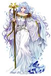  bare_shoulders belly_chain brooch cape collarbone diadora_(fire_emblem) dress energy fire_emblem fire_emblem:_seisen_no_keifu highres holding holding_cape jewelry lips long_hair looking_at_viewer parted_lips purple_eyes signature simple_background solo staff tsuko_(25mnts) very_long_hair wavy_hair white_background white_cape white_dress white_hair wide_sleeves 