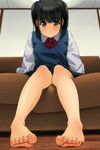  bangs barefoot black_hair black_skirt blue_vest blush bow bowtie closed_mouth collared_shirt commentary_request eyebrows_visible_through_hair feet highres indoors leaning_forward long_hair matsunaga_kouyou original pleated_skirt red_neckwear school_uniform shirt sitting skirt smile soles solo toenails two_side_up vest white_shirt 