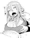  1girl accio breasts cleavage commentary_request cum cum_in_mouth cum_on_body cum_on_breasts cum_on_hair cum_on_upper_body facial fingernails greyscale hair_between_eyes hetero huge_breasts long_sleeves looking_at_another monochrome open_mouth original paizuri penis sanpaku sharp_fingernails sharp_teeth simple_background slit_pupils solo_focus teeth white_background 