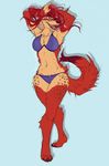  anthro bikini bra canine clothing female fur hair mammal open_mouth scuttlebutters simple_background smile solo standing swimsuit underwear wide_hips 