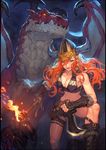  boots breasts covered_nipples dagger dragon fingerless_gloves gauntlets gloves green_eyes helmet leather leather_gloves loincloth long_hair medium_breasts na_in-sung open_mouth orange_hair original smile thigh_strap torch viking weapon 