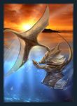  2007 aquatic_dragon bubble claws cloud detailed_background dragon duo female feral flying horn hybrid_wings island looking_back male membranous_wings novawuff scales scalie sea sky sun sunset swimming underwater water western_dragon wing_claws wings yellow_scales 