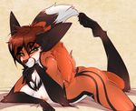  bedroom_eyes black_nose breasts brown_fur butt canine chest_tuft female fluffy fluffy_tail fox fur green_eyes half-closed_eyes long_ears looking_at_viewer lying mammal nipples nude on_front pacevanrign seductive simple_background smile tan_background tuft 