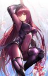  1girl aura bangs bodysuit breasts commentary_request covered_navel elbow_gloves fate/grand_order fate_(series) gae_bolg gauntlets gloves hair_intakes highres holding holding_weapon large_breasts leotard long_hair multicolored multicolored_background pauldrons polearm purple_bodysuit purple_hair purple_leotard red_eyes scathach_(fate)_(all) scathach_(fate/grand_order) shin_guards shoulder_armor sidelocks skindentation suishougensou thighhighs weapon 