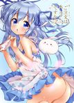  absurdres angora_rabbit animal ass bangs bare_arms bare_shoulders blue_eyes blue_hair blue_ribbon blush bow bow_panties bunny chestnut_mouth commentary_request copyright_name derivative_work dress eyebrows_visible_through_hair frilled_dress frills gochuumon_wa_usagi_desu_ka? hair_between_eyes hair_ribbon head_tilt highres holding holding_panties kafuu_chino looking_at_viewer no_panties oooqqq panties panties_removed parted_lips ribbon sleeveless sleeveless_dress tippy_(gochiusa) two_side_up underwear white_dress white_panties 