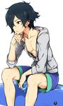  aikatsu! aikatsu!_(series) black_hair brown_eyes chest feet_out_of_frame hair_over_one_eye hand_on_own_chin hood hoodie inflatable_dolphin inflatable_toy male_focus male_swimwear minatsuki_randoseru open_clothes open_hoodie shirtless simple_background sitting sitting_on_object solo suzukawa_naoto swim_trunks swimwear white_background 