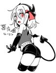  alternate_costume ass bare_shoulders belt cropped_legs demon_tail elbow_gloves eyebrows_visible_through_hair fake_horns from_behind gloves looking_at_viewer looking_back monochrome red_eyes red_ribbon ribbon rumia shamo_(koumakantv) short_shorts shorts simple_background slit_pupils smile solo spot_color tail tank_top thighhighs touhou white_background 