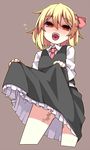  bare_legs black_skirt blonde_hair body_writing brown_background commentary_request cropped_legs fangs hair_ribbon heart lifted_by_self long_sleeves looking_at_viewer miniskirt necking open_mouth red_eyes red_neckwear red_ribbon ribbon rumia shamo_(koumakantv) simple_background skirt skirt_lift skirt_set smile solo tally touhou vest 