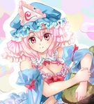  blue_hat bow breasts cleavage closed_mouth eyebrows_visible_through_hair frills hair_between_eyes hat looking_at_viewer medium_breasts nagare pink_eyes pink_hair red_bow ribbon_trim saigyouji_yuyuko see-through smile solo touhou triangular_headpiece upper_body veil 