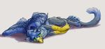 2006 ambiguous_gender avian beak blue_feathers blue_fur blue_markings feathered_wings feathers feral fur green_eyes grey_fur gryphon happy looking_at_viewer lying markings novawuff relaxing simple_background smile solo tail_feathers white_background wings yellow_beak 