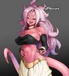  android_21 bare_shoulders black_nails black_sclera bracelet breasts burakku-ra cleavage commentary detached_sleeves dragon_ball dragon_ball_fighterz fangs highres jewelry large_breasts long_hair looking_at_viewer majin_android_21 messy_hair nail_polish navel open_mouth pink_hair pink_skin pointy_ears red_eyes smile solo stomach strapless tail toned tongue tongue_out tubetop upper_body 