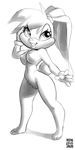  2018 bangs breasts clothing eyelashes female gloves greyscale hand_on_head lagomorph lola_bunny long_ears looking_up looney_tunes mammal monochrome navel nipples nude paws pussy rabbit smile solo tied_ears warner_brothers xylas 