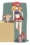  bare_arms bike_shorts blonde_hair blush_stickers box breasts brown_gloves cabbie_hat crop_top data_(rockman_dash) full_body gloves green_eyes hand_on_hip hat looking_to_the_side midriff monkey muu_(mumumer) navel on_box rockman rockman_dash roll_caskett simple_background small_breasts smile standing stomach unzipped white_background 