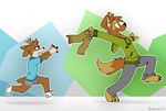  barefoot blue_shirt boxer_briefs bulge canine cervine chasing clothing darwin_(tinydeerguy) deer detailed_background dog duo gray_pants gray_underwear green_sweater khaki_pants legwear male mammal matt_riskely pants_off shirt socks tinydeerguy underwear white_socks 