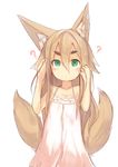  ? animal_ears bare_arms bare_shoulders blonde_hair blue_eyes blush closed_mouth commentary_request dress fox_ears fox_tail haik hair_between_eyes hands_up highres long_hair looking_at_viewer multiple_tails original pink_dress simple_background sketch solo standing tail upper_body white_background 