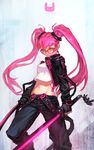  glasses jacket long_hair midriff na_in-sung original pants pink_hair solo sword twintails weapon yellow_eyes 