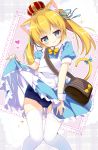  1girl :3 animal_ear_fluff animal_ears apron bag bangs blonde_hair blue_bow blue_dress blue_eyes blue_ribbon blue_swimsuit blush bow cat_ears cat_girl cat_tail closed_mouth commentary_request crown dress dress_lift eyebrows_visible_through_hair fingernails hair_between_eyes hair_ribbon head_tilt heart highres knees_together_feet_apart lifted_by_self long_hair looking_at_viewer maid_apron nagayama_yuunon one-piece_swimsuit original puffy_short_sleeves puffy_sleeves ribbon school_swimsuit short_sleeves shoulder_bag solo swimsuit swimsuit_under_clothes tail tail_bow tail_raised thighhighs twintails white_apron white_legwear wrist_cuffs 