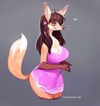  &lt;3 2018 ahoge anthro black_claws black_hair black_nose blue_eyes blush breasts brown_fur canine claws cleavage clothed clothing cyancapsule digital_media_(artwork) dipstick_tail dress eyebrows eyebrows_visible_through_hair female flower flower_in_hair fox front_view fur grey_background hair hi_res long_hair mammal multicolored_fur multicolored_tail orange_fur orange_tail pink_clothing pink_dress pink_topwear plant portrait ring signature simple_background solo tan_fur tan_tail three-quarter_portrait two_tone_tail whiskers 