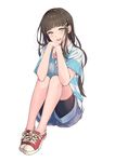  absurdres bangs bike_shorts black_hair chin_rest elbows_on_knees green_eyes hair_ornament hairclip highres kate_iwana kurosawa_dia legs_together long_hair long_sleeves looking_at_viewer love_live! love_live!_sunshine!! mole mole_under_mouth open_mouth red_footwear shirt shoes shorts shorts_under_shorts simple_background sitting smile sneakers solo striped striped_shirt white_background 