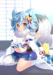  1girl :3 animal_ears azur_lane bell blue_hair blurry blurry_background blush breasts commentary_request detached_sleeves fox_ears fox_shadow_puppet fubuki_(azur_lane) hair_bell hair_ornament komo_da looking_at_viewer midriff navel seiza short_hair sideboob single_sock single_thighhigh sitting socks solo thighhighs white_legwear yellow_eyes 