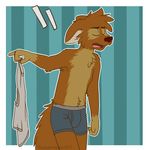  blue_background blue_underwear boxer_briefs canine clothed clothing dog male mammal matt_riskely pattern_background shirt simple_background striped_background tinydeerguy topless underwear undressing 