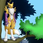  abs ambiguous_gender anthro armwear blue_eyes bridal_gauntlets chest_tuft clothing digimon fur furryrex_(artist) gloves invalid_background markings outside plant purple_markings renamon sky solo standing tree tuft white_fur yellow_fur 