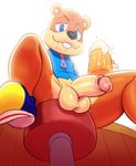  alcohol anthro balls beverage bottomless clothed clothing conker conker&#039;s_bad_fur_day footwear gerkk half-erect humanoid_penis male mammal penis rodent sitting solo spread_legs spreading squirrel tan_balls video_games 