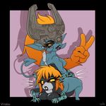  2018 absurd_res amber_eyes black_lips black_scleras body_writing breasts cleavage clothed clothing female female_muscle forced_stretching grounded hair hi_res horn imp iqua_kicks lipstick long_hair lying makeup midna nintendo nipples not_furry orange_hair pain peace_sign_(disambiguation) pointy_ears prehensile_hair red_eyes shortstack signature simple_background sitting smile smirk sweat text the_legend_of_zelda twilight_princess video_games vrabo wrestling yellow_scleras 