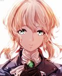  blonde_hair braid closed_mouth commentary dyolf face green_eyes hair_between_eyes hair_ribbon lips long_hair looking_at_viewer ribbon simple_background solo upper_body violet_evergarden violet_evergarden_(character) 
