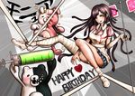  1girl apron bandaged_arm bandaged_leg bandages black_hair blush bow brown_hair commentary_request danganronpa_(series) danganronpa_2:_goodbye_despair diaper ear_bow hair_ornament highres intravenous_drip long_hair monokuma monomi_(danganronpa) oyume pleated_skirt skirt syringe tsumiki_mikan 