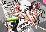  apron bandaged_arm bandaged_leg bandages black_hair blush brown_hair danganronpa hair_ornament highres intravenous_drip long_hair monokuma monomi_(danganronpa) oyume pleated_skirt skirt super_danganronpa_2 syringe tsumiki_mikan 