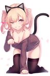  all_fours animal_ears bangs bare_shoulders black_hairband black_legwear black_sweater blonde_hair blush breasts cat_ears cat_tail cleavage collarbone dev dress eyebrows_visible_through_hair fake_animal_ears foreshortening full_body hairband hanging_breasts highres large_breasts long_sleeves looking_at_viewer medium_hair mole mole_on_breast no_shoes off-shoulder_sweater one_eye_closed original paw_background paw_pose red_eyes shiny shiny_hair sleeves_past_wrists solo sweater sweater_dress tail tail_raised tareme thighhighs twintails white_background zettai_ryouiki 