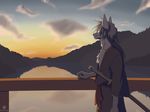  2016 5_fingers anthro black_nose canine cloud day detailed_background egsaku fur grey_fur grey_hair hair hi_res japan katana lake male mammal melee_weapon morning side_view sky smile solo standing sword water weapon wolf 