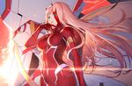  :p bangs blood blood_on_face blunt_bangs bodysuit breasts commentary covered_navel darling_in_the_franxx eyebrows_visible_through_hair floating_hair green_eyes hand_up highres izumi_sai large_breasts licking_lips light_particles light_rays long_hair looking_at_viewer mecha pink_hair red_bodysuit solo standing strelizia sunlight tongue tongue_out zero_two_(darling_in_the_franxx) 