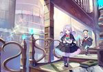  2girls blonde_hair book building dress hat long_hair original pantyhose purple_eyes purple_hair saitou_takeo signed 