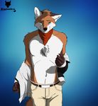  2015 5_fingers anthro bandanna black_nose blue_background blue_eyes body_hair brown_fur canine chest_hair clothing egsaku fox fur gloves_(marking) looking_at_viewer male mammal markings multicolored_fur orange_fur pants shirt simple_background slit_pupils smile solo standing two_tone_fur undressing white_fur 