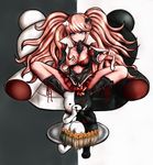  bear_hair_ornament blue_eyes bow bra breasts danganronpa danganronpa_1 enoshima_junko hair_ornament highres long_hair looking_at_viewer medium_breasts monokuma necktie orange_hair oyume pleated_skirt shirt short_sleeves sitting skirt spoilers twintails underwear undressing 