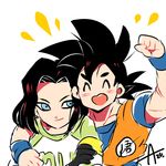  android_17 arm_over_shoulder artist_name azu_(kirara310) black_hair blue_eyes clenched_hand closed_eyes dougi dragon_ball dragon_ball_super earrings gloves green_shirt happy jewelry long_sleeves looking_at_another male_focus multiple_boys open_mouth shirt short_hair simple_background smile son_gokuu spiked_hair white_background white_shirt wristband 