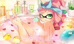  bath bathing bathroom bathtub breasts commentary convenient_censoring domino_mask fang highres inkling iriehana jellyfish_(splatoon) long_hair mask nude petals pointy_ears rose_petals rubber_duck small_breasts solo splatoon_(series) squid steam steam_censor tentacle_hair 