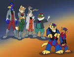  barefoot blue_background boots chance_furlong cirruskitfox clothing falco_lombardi footwear fox_mccloud gradient_background group jake_clawson male nintendo orange_background peppy_hare simple_background slippy_toad star_fox swat_kats video_games 