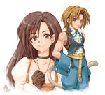  1girl black_hair blonde_hair blue_eyes bodysuit breasts brown_eyes brown_hair final_fantasy final_fantasy_ix garnet_til_alexandros_xvii gloves jewelry long_hair orange_bodysuit short_hair smile tail zidane_tribal 