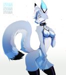  anthro breasts canine clothing collar female legwear looking_at_viewer mammal nipple_piercing nipples piercing pussy rubber smile smooshkin solo standing thigh_highs wide_hips 