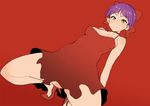  bare_shoulders dress fang gegege_no_kitarou high_heels looking_at_viewer looking_down nekomusume nekomusume_(gegege_no_kitarou_6) nuezou pointy_ears purple_hair red red_dress short_hair solo squatting thighs yellow_eyes 