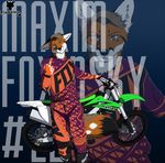  2016 anthro black_fur black_nose blue_background blue_eyes boots brown_hair canine clothed clothing dirtbike ears_down egsaku english_text footwear fox fully_clothed fur gloves grey_fur hair looking_at_viewer male mammal middle_finger motorcycle orange_fur simple_background slit_pupils smile smirk solo standing text vehicle white_fur 