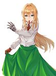 absurdres bangs blonde_hair blue_eyes braid commentary_request eyebrows_visible_through_hair glove_in_mouth gloves green_skirt hair_between_eyes hair_intakes hair_ribbon highres long_hair looking_at_viewer mechanical_hand mouth_hold qaq ribbon skirt skirt_hold solo violet_evergarden violet_evergarden_(character) 