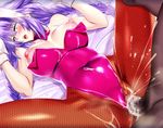  1boy 1girl bed blue_eyes blush bodysuit braid breasts censored choujigen_game_neptune clothed_sex covered_navel cum dark-skinned_male dark_skin elbow_gloves erect_nipples female gloves hair_ornament hetero interracial long_hair male navel neptune_(choujigen_game_neptune) nipples nyamota_(noraneko_koubou) on_back open_mouth penis pov purple_hair purple_heart pussy pussy_juice sex shiny shiny_clothes shiny_hair smile sweat symbol-shaped_pupils tied_hair twin_braids 